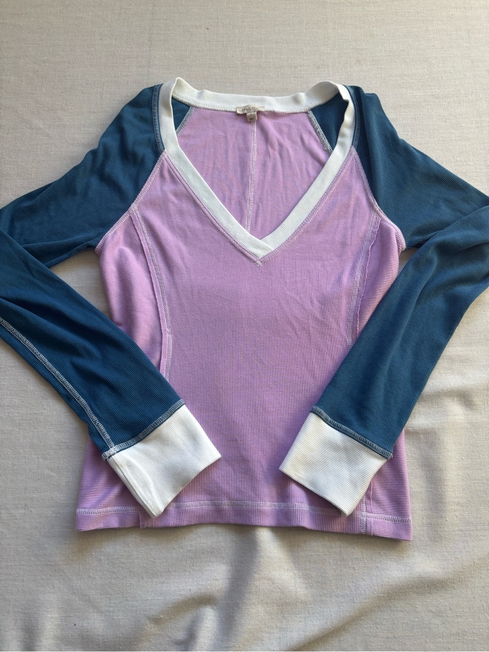 Anthropologie Pilcro Colorblock Ribbed V Neck Top Size S Multicolor Long Sleeve